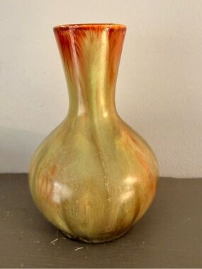 VTG Artisan Made Pottery Vase Miniature Green Brown Drip Glaze 4” Artist Signed